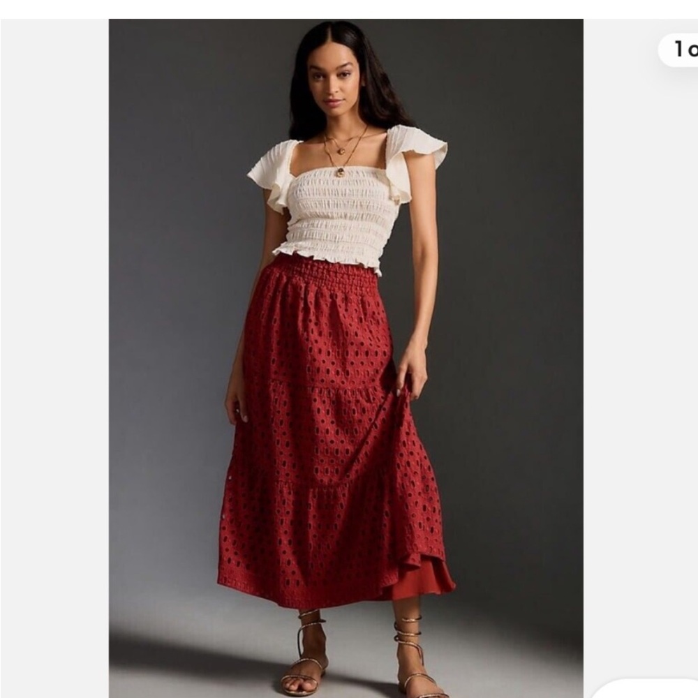 Anthropologie Red Eyelet Maxi Skirt